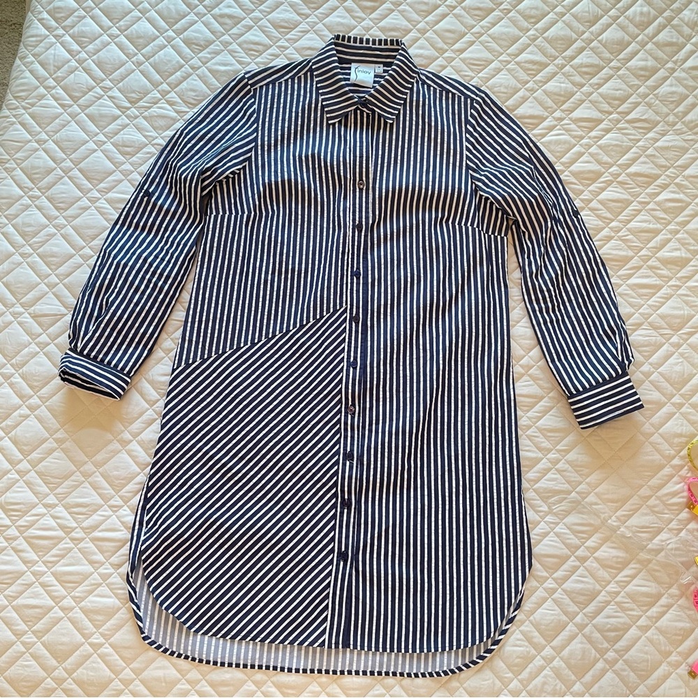 FINLEY Navy and White Bailey Striped Shirt Dress Medium - Picture 4 of 12